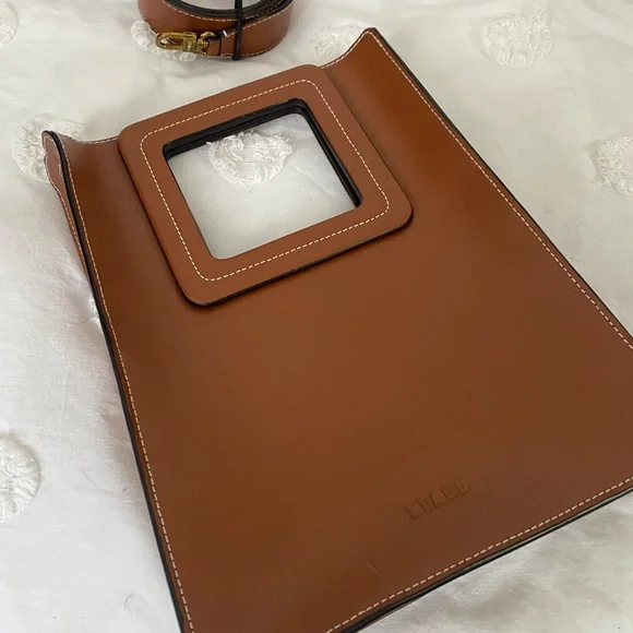 STAUD Tan Leather purse with Square Handle and crossbody strap - Picture 2 of 8